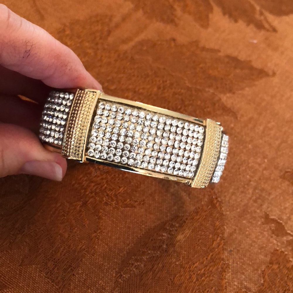 Massive Rhinestone and Gild Tone Clamper Bracelet